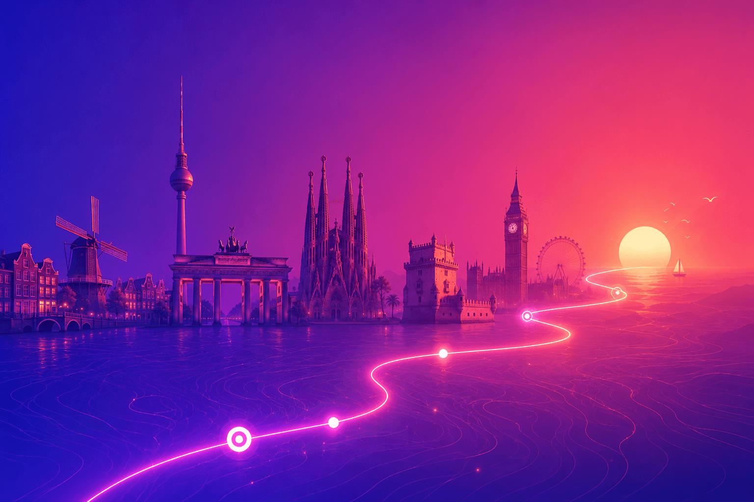 Bussly's virtual route across London, Paris, Amsterdam, Barcelona, Lisbon and Berlin